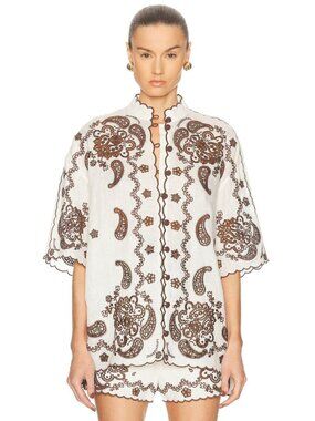 Zimmermann Ascension Ivory Chocolate Embroidered Linen Shirt AU3 /US 10 NWT $725